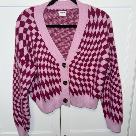 Cotton On Knit Cardigan Barbie Optical Splice Berry Sz Medium Checkered Academia - Picture 2 of 10